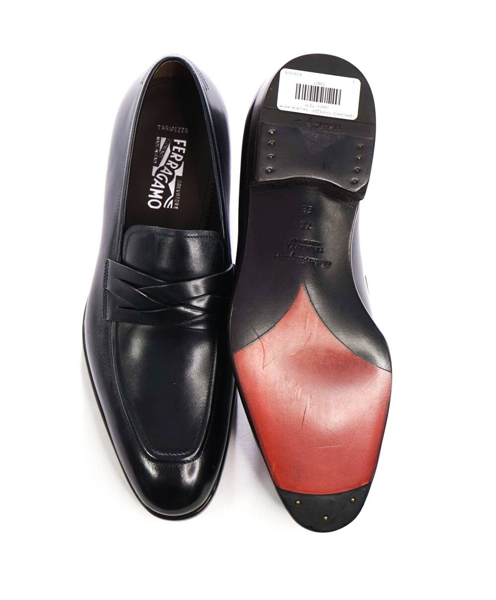 $1,495 FERRAGAMO "TRAMEZZA" - Navy Leather Loafers - 7.5 EE
